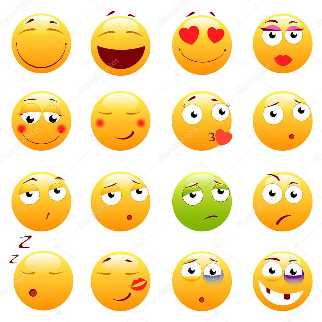 Set of 3d cute Emoticons. Emoji and Smile icons. Isolated on white background. vector illustration.