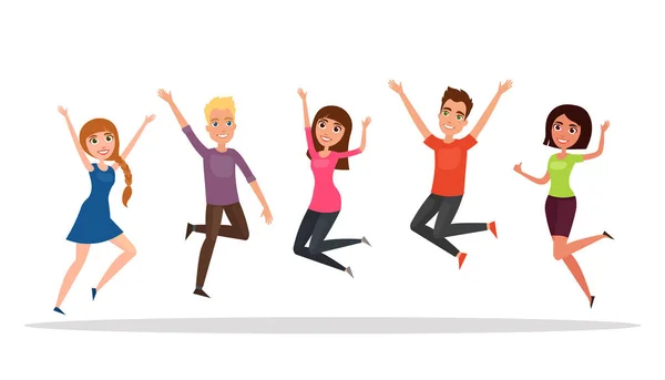 幸せなグループの人、男の子、女の子は、白い背景の上にジャンプします。友情、健康、成功のコンセプトです。フラットで漫画スタイルのベクトル図 — ストックベクタ