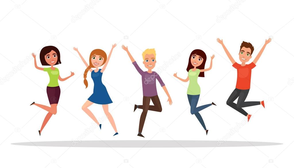 Happy group of people, boy, girl jumping on a white background. The concept of friendship, healthy lifestyle, success. Vector illustration in a flat and cartoon style
