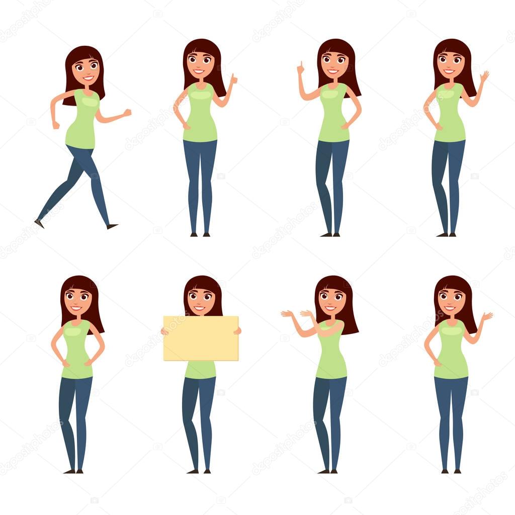 Set of woman, girl in casual clothes in different poses. A character for your design project. Vector illustration in flat and cartoon style