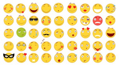İfadeler kümesi. Emoji kümesi. Düz stil illüstrasyonlar. Web tasarımınız için vektör dosyası. Beyaz arka plan.