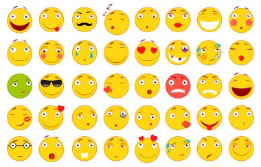 İfadeler kümesi. Emoji kümesi. Düz stil illüstrasyonlar. Web tasarımınız için vektör dosyası. Beyaz arka plan.