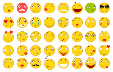 İfadeler kümesi. Emoji kümesi. Düz stil illüstrasyonlar. Web tasarımınız için vektör dosyası. Beyaz arka plan.