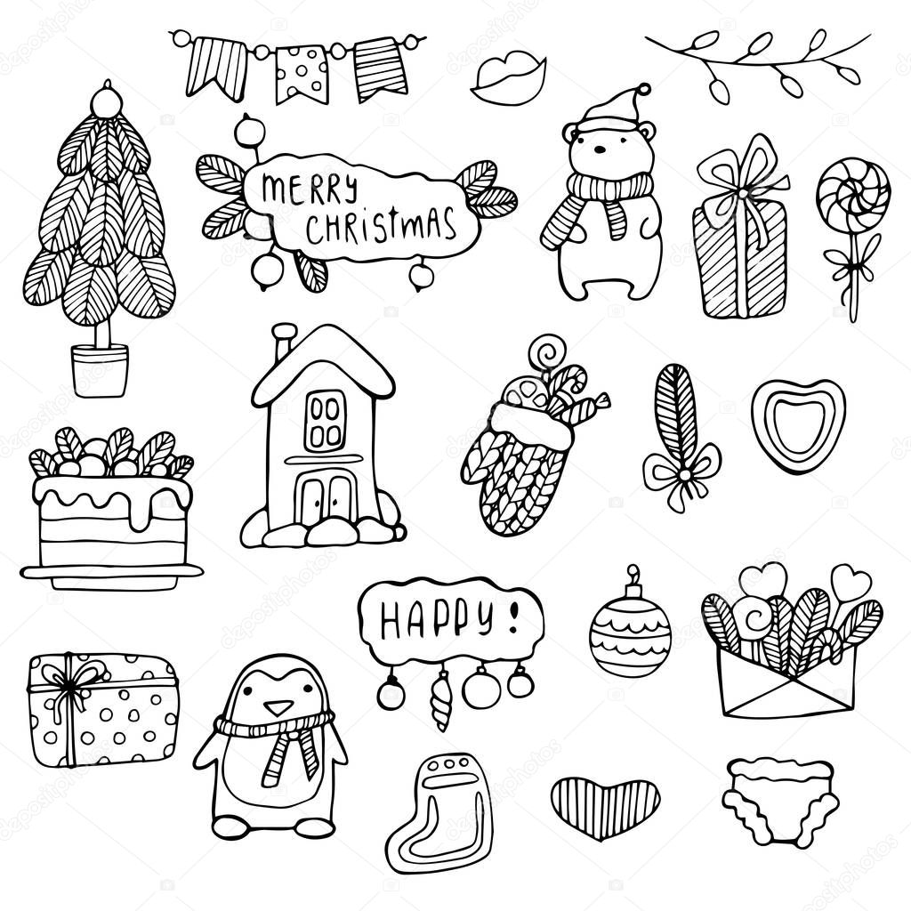 Christmas doodles. Hand drawn xmas illustrations. Winter and New Year black outline icons. Modern design elements for holiday greeting card, gift tag, label, sticker, banner, poster, postcard