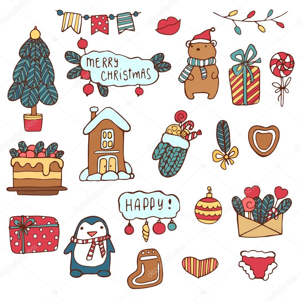 Hand drawn Xmas stickers collection. Christmas signs and symbols vector illustration