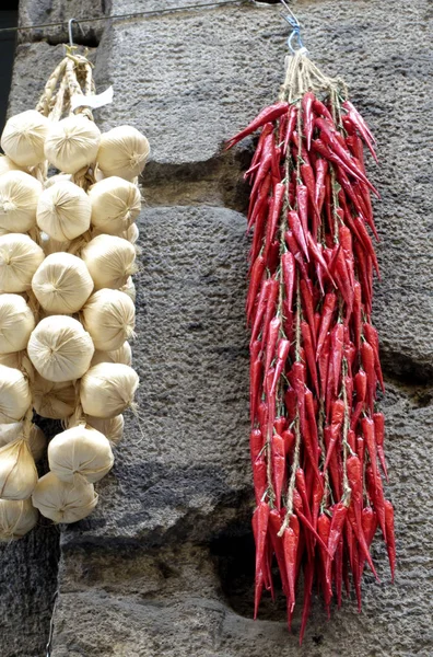 Pimientos rojos picantes y dientes de ajo fresco — Foto de Stock