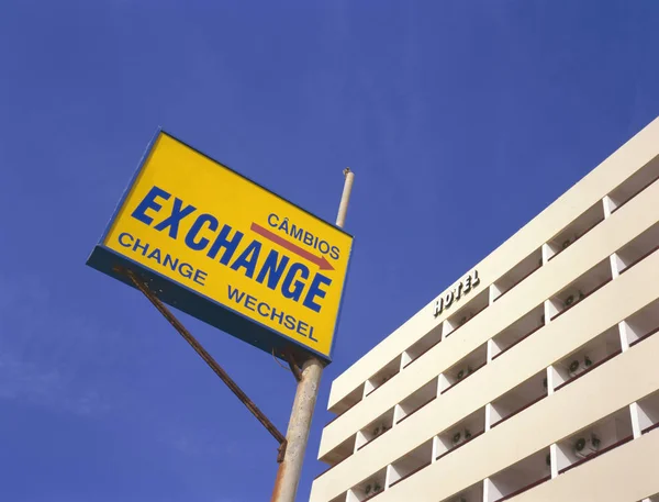 Exchange sign in Spain near hotel — Stok fotoğraf