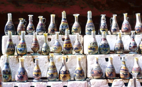 Stack Sand Bottles Different Kinds Coloured Sand Taken Petra Gorge — Stock Photo, Image