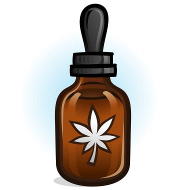 Küçük kehribar renkli bir şişe cbd kenevir yağı ve plastik damlatıcı vektör çizimi.