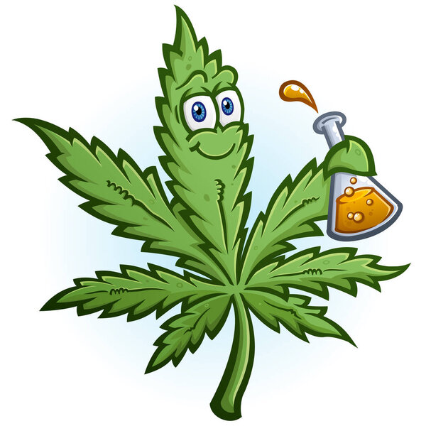A cartoon hemp marijuana leaf character holding a scientific test tube bottle full of bubbling cannabis CBD oil
