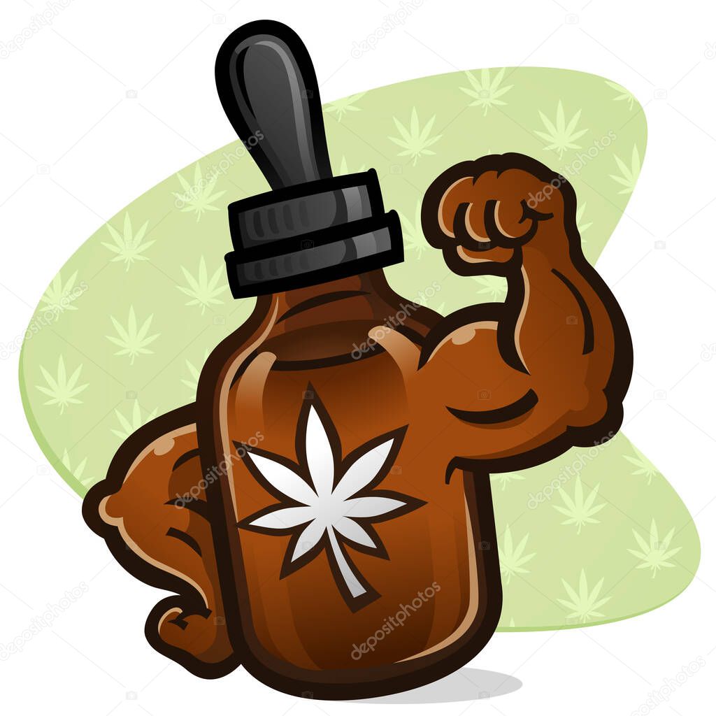 An amber colored bottle of maximum strength cbd cannabis oil cartoon character with big strong bulging muscles on the arms