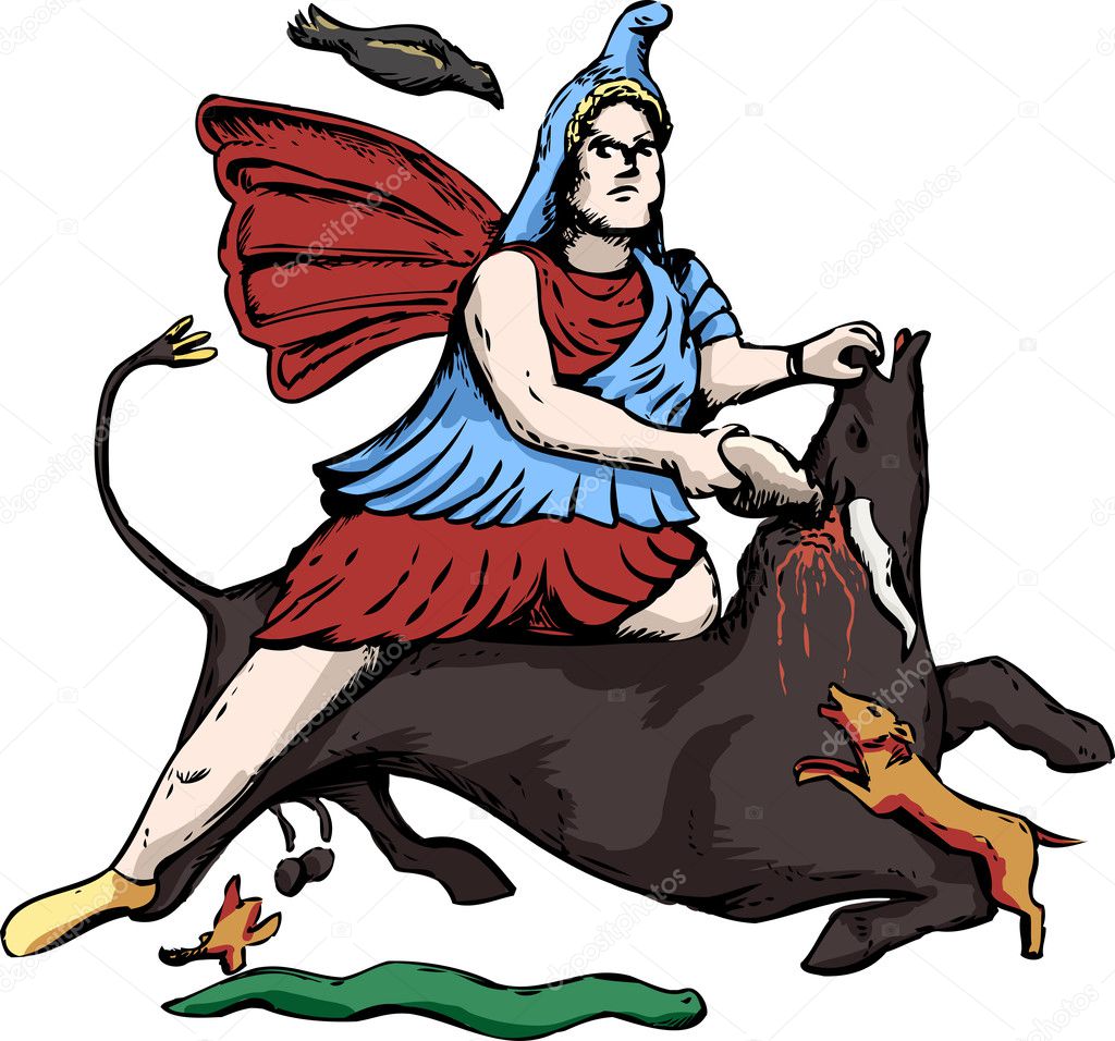 Illustration of Mithras slaying a black bull