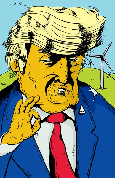 Trump laranja com turbinas eólicas atrás dele — Vetor de Stock