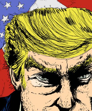 Kızgın Trump yüz ve renkli bayrak