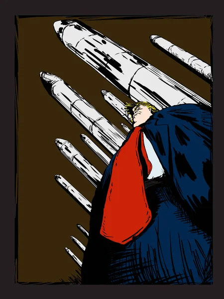 Cartone animato di Donald Trump davanti ai missili — Vettoriale Stock