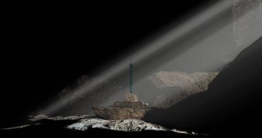 Excalibur kılıcı karanlık mağaradaki taşın içinde güneş ışığıyla