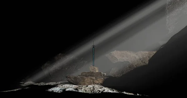 Excalibur sword in the stone in the dark cave with sun beam