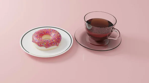 3D illustration of a glass cup of coffee and donut on plate