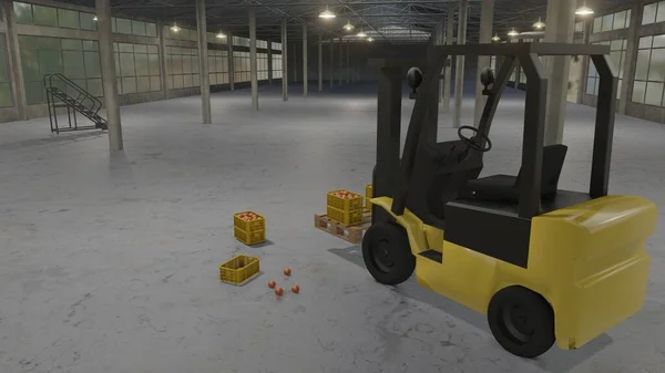 叉车将装有橙子的板条箱堆放于仓库的三维图解 — 图库照片