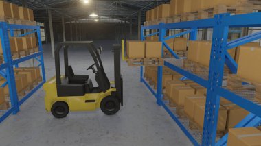 Forklift kamyonu depodaki raflarda depolamak için karton ürün yüklüyor.