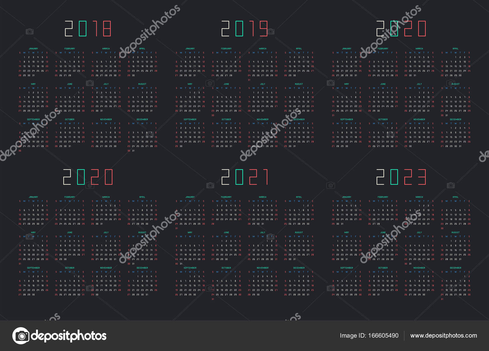 Calendar For 2018 2019 2020 2021 2022 2023 Year On Black