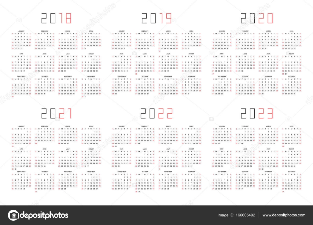 Calendar For 2018 2019 2020 2021 2022 2023 Year On White