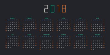 Siyah arka plan üzerinde 2018 yıl için takvim