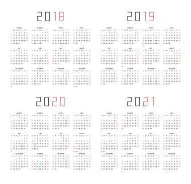  Takvim için 2018, 2019, 2020, beyaz arka plan üzerinde 2021 yılı
