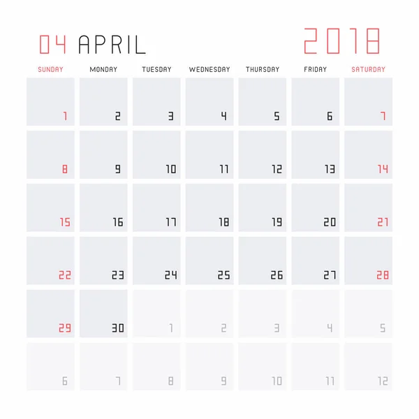 Calendario abril 2018 — Archivo Imágenes Vectoriales