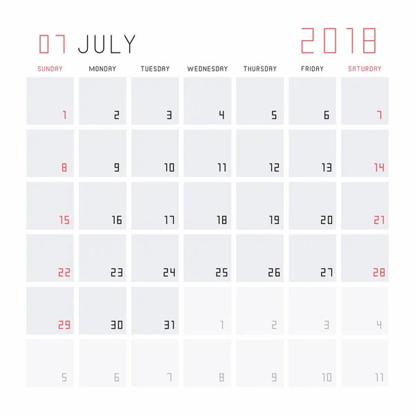 Agenda juli 2018 — Stockvector