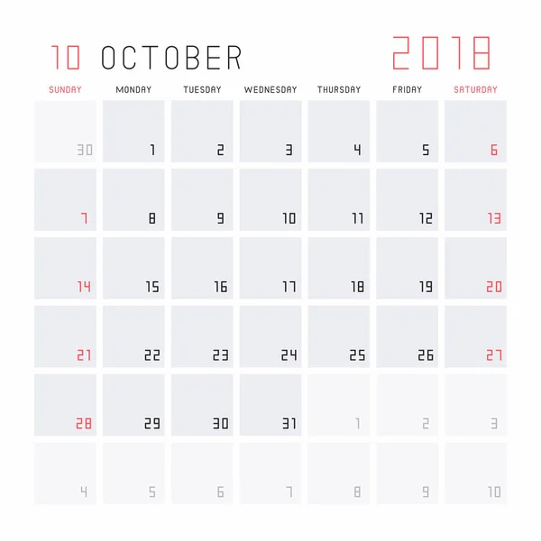 Agenda oktober 2018 — Stockvector