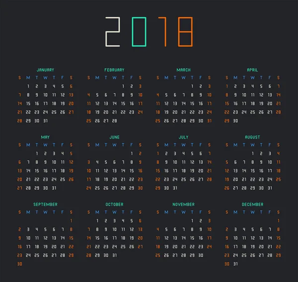 Calendario para 2018 Año sobre fondo negro — Vector de stock