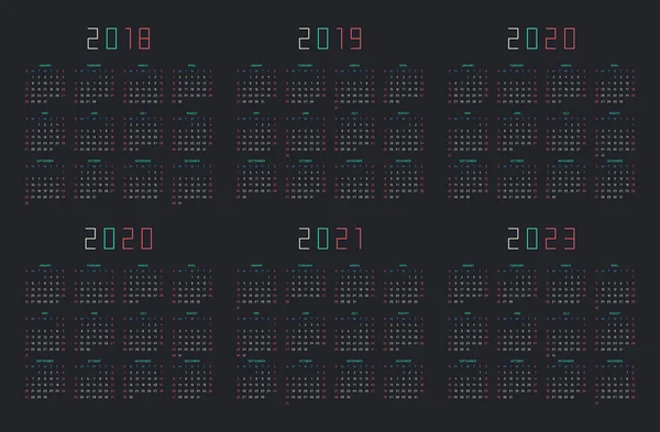 Ημερολόγιο για το 2018, 2019, το 2020, το 2021, το 2022, έτος 2023 σε μαύρο φόντο — Διανυσματικό Αρχείο