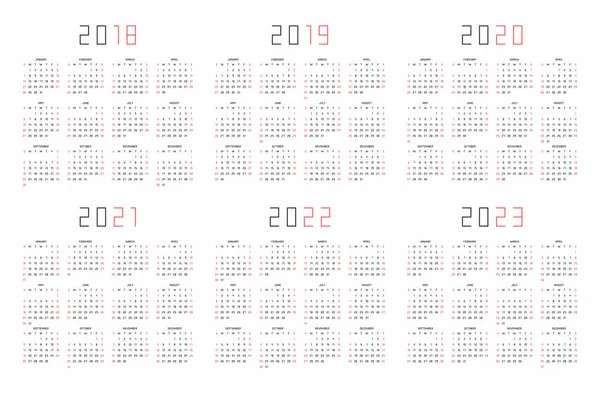 Kalender voor 2018, 2019 2020, 2021, 2022, 2023 jaar op witte achtergrond — Stockvector