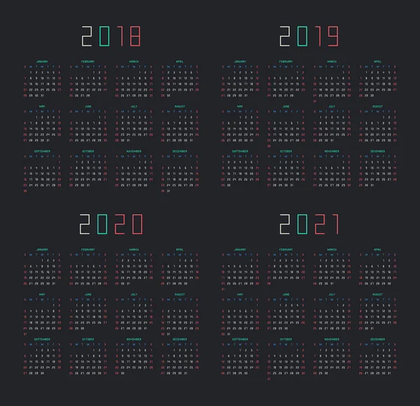 Kalendář pro rok 2018, 2019, 2020, 2021 rok na černém pozadí — Stockový vektor