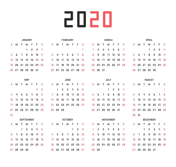 2020 Calendar Isolated White Background — 스톡 벡터