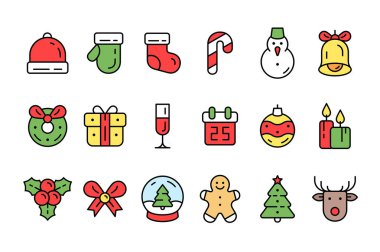 Bir dizi Noel ikonu. Beyaz arkaplanda izole