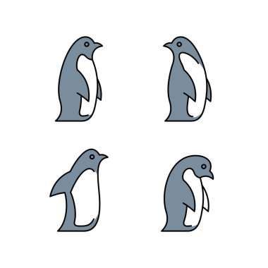 Renkli Penguen simgelerinin doğrusal kümesi. Simge tasarımı. Şablon ögeleri