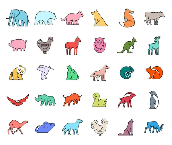 Lineare Sammlung Farbiger Tiersymbole Tiersymbole Gesetzt Isoliert Auf Weißem Hintergrund — Stockvektor