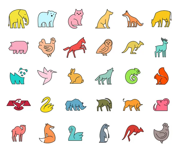 Lineaire Collectie Van Gekleurde Animal Iconen Dierlijke Pictogrammen Ingesteld Geïsoleerd — Stockvector