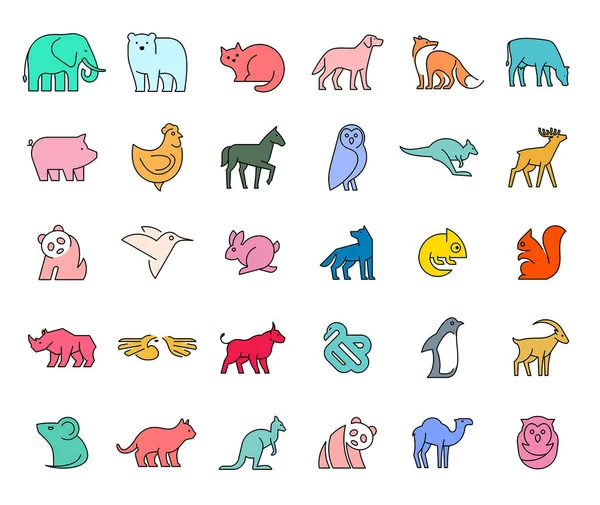 Colección Lineal Iconos Animal Colores Conjunto Iconos Animales Aislado Sobre — Archivo Imágenes Vectoriales