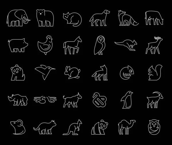 Линейная Коллекция Икон Животных Набор Иконок Животных Изолированный Черном Фоне — стоковый вектор
