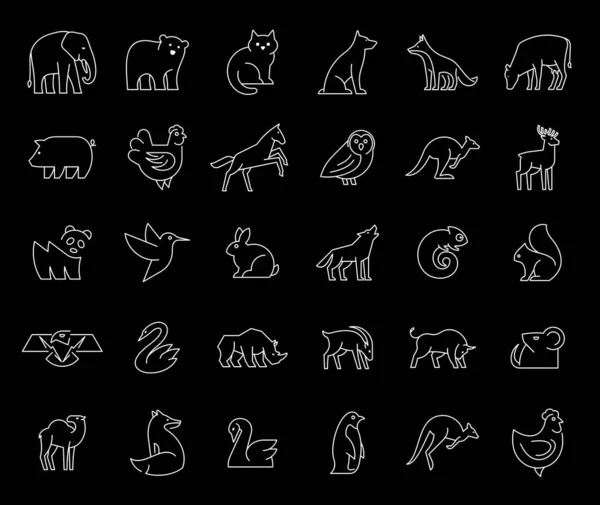 Linear Collection Animal Icons Animal Icons Set Isolated Black Background — ストックベクタ