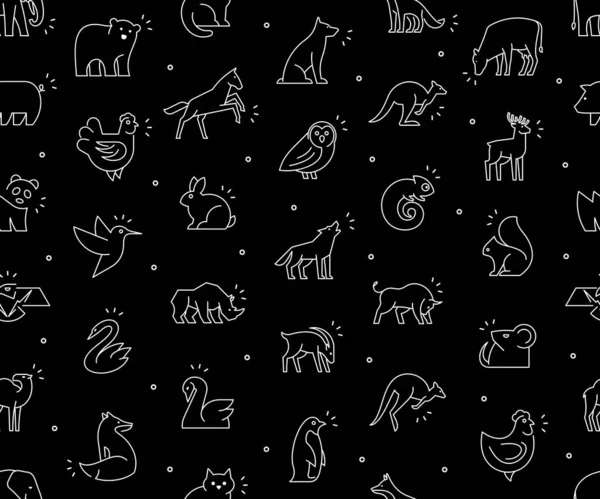 Seamless Pattern Animals Icons Animal Icons Set Isolated Black Background — Stock Vector