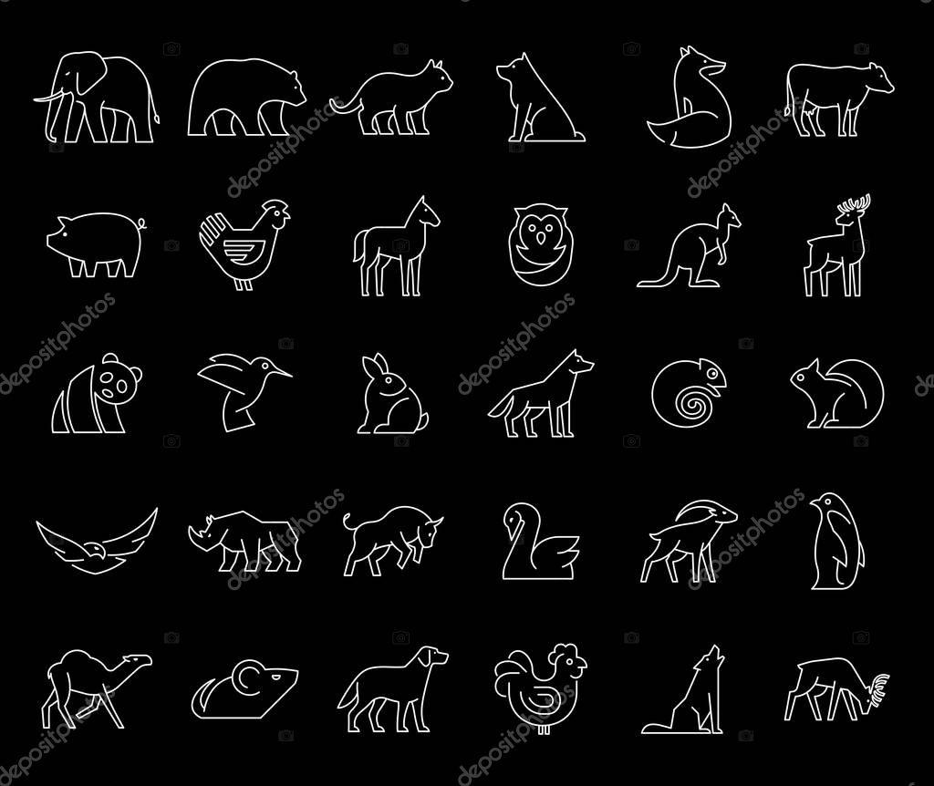 Linear collection of Animal icons. Animal icons set. Isolated on Black background