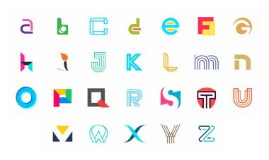 A 'dan Z' ye harf koleksiyonu. Geometrik soyut logolar. Soyut yazı tipi ve alfabe. Beyaz arkaplanda izole