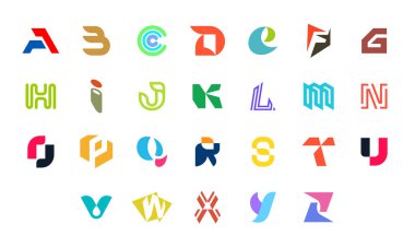 A 'dan Z' ye harf koleksiyonu. Geometrik soyut logolar. Soyut yazı tipi ve alfabe. Beyaz arkaplanda izole