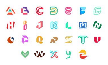 A 'dan Z' ye harf koleksiyonu. Geometrik soyut logolar. Soyut yazı tipi ve alfabe. Beyaz arkaplanda izole