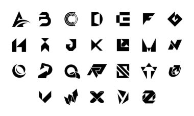 A 'dan Z' ye harf koleksiyonu. Geometrik soyut logolar. Soyut yazı tipi ve alfabe. Beyaz arkaplanda izole