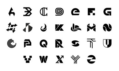 A 'dan Z' ye harf koleksiyonu. Geometrik soyut logolar. Soyut yazı tipi ve alfabe. Beyaz arkaplanda izole